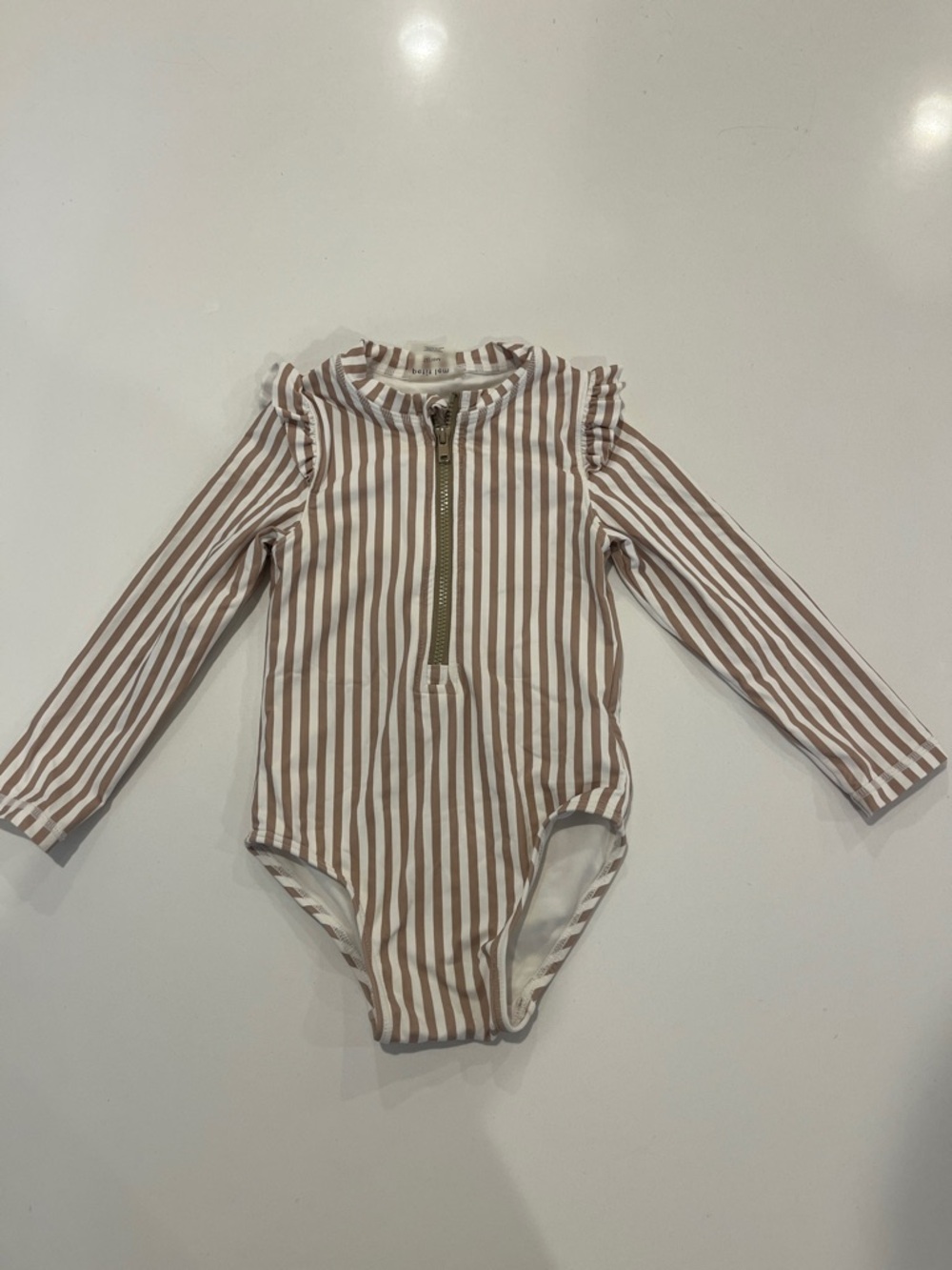 Petit Lem Brown and White Striped Long-Sleeve One-Piece Swimsuit